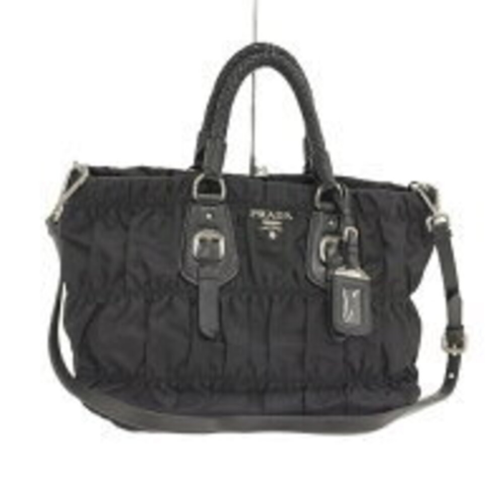 Prada Tessuto Gaufre ruched satchel rolled leather handles Black